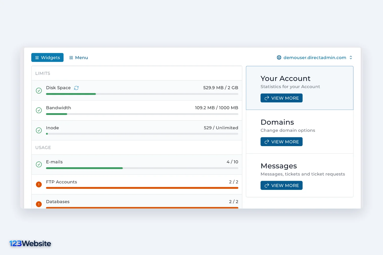 Bảng điều khiển DirectAdmin hiện dung lượng và băng thông đã dùng của gói hosting