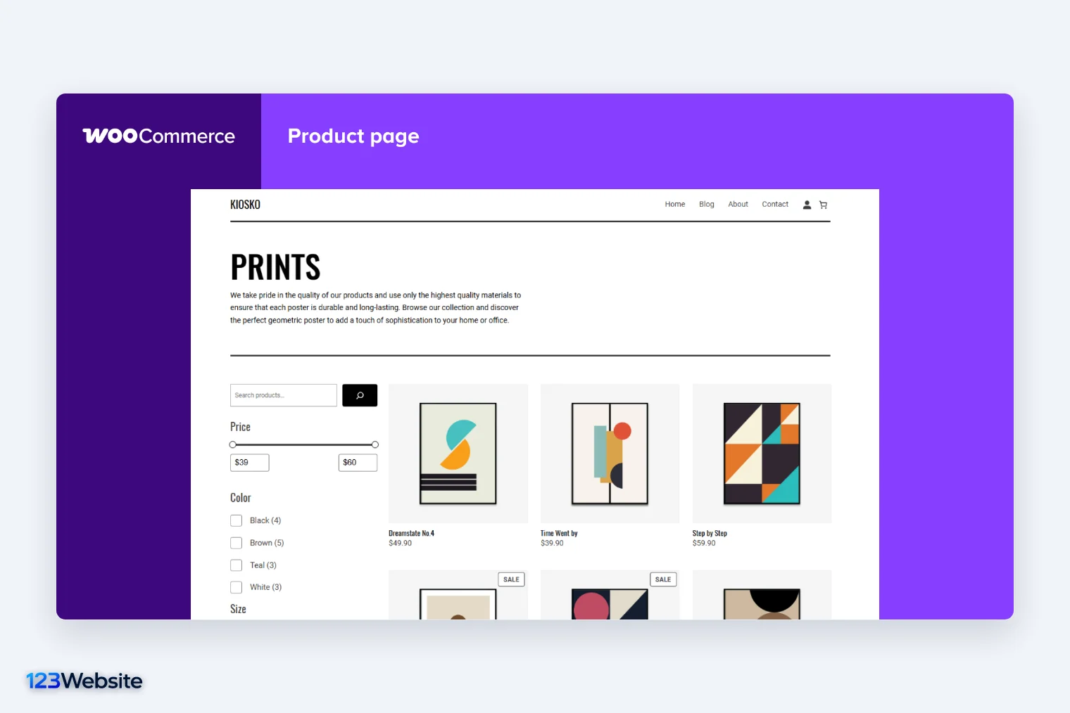 Trang cửa hàng WooCommerce có bộ lọc sản phẩm theo giá và màu