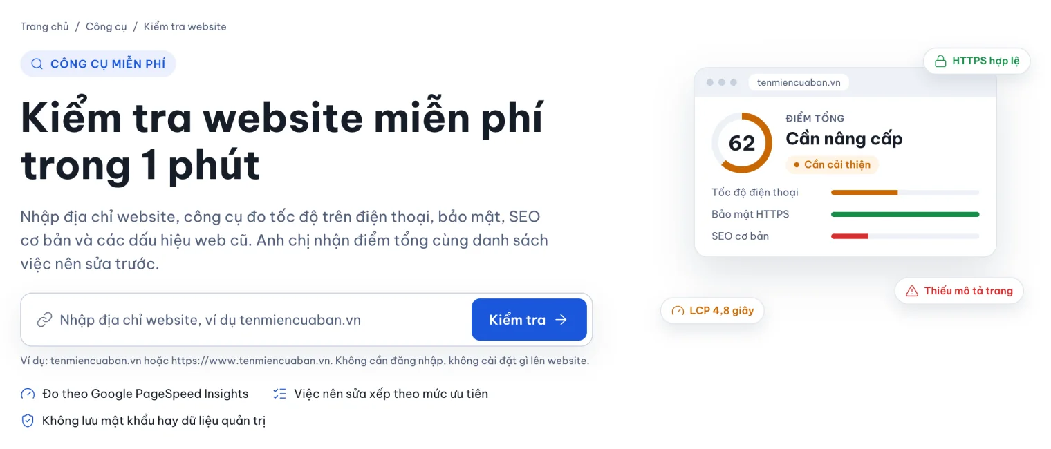 Công cụ kiểm tra website của 123Website đo tốc độ điện thoại, bảo mật và SEO cơ bản