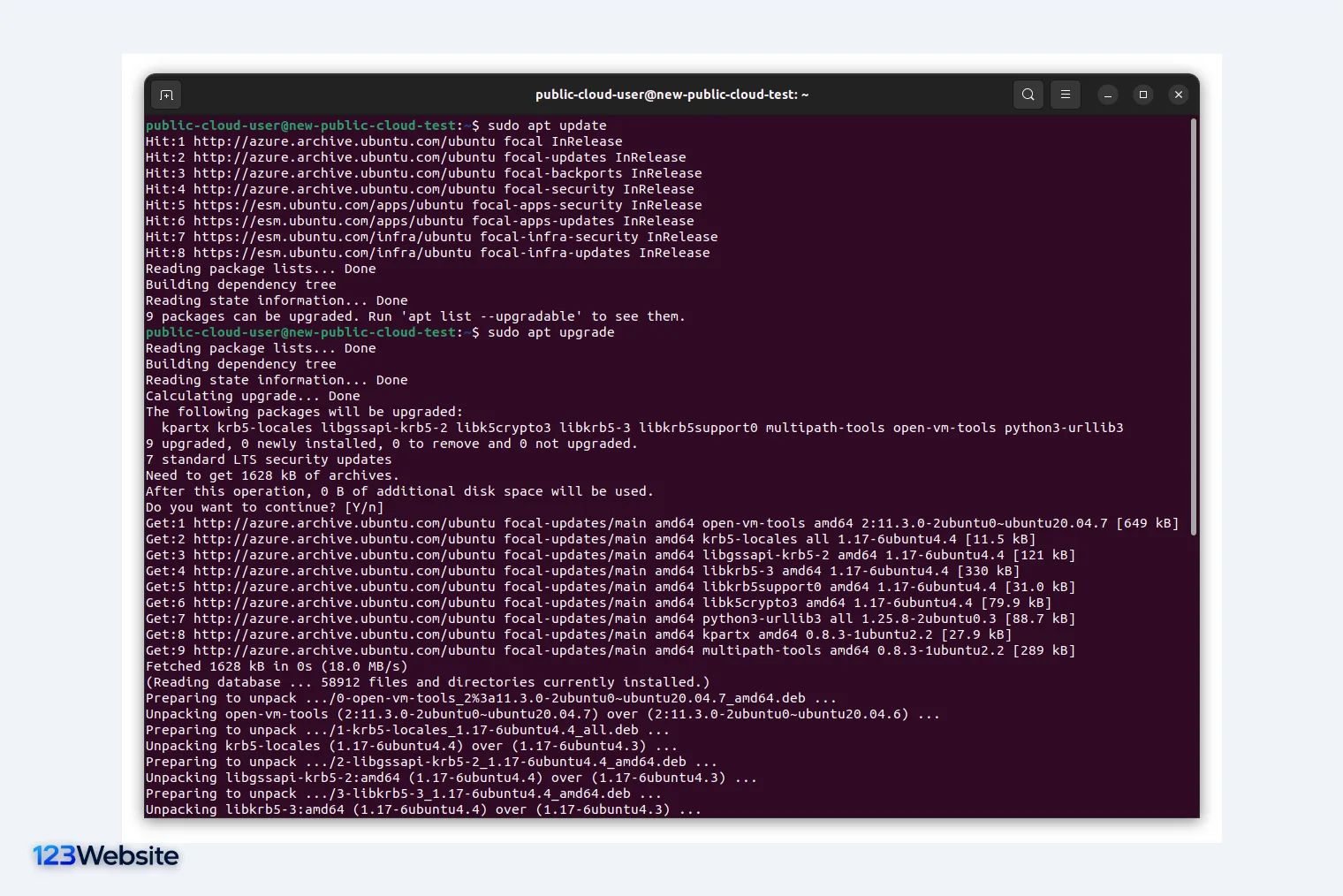 Cửa sổ dòng lệnh chạy apt update và apt upgrade để vá lỗi trên máy chủ Ubuntu