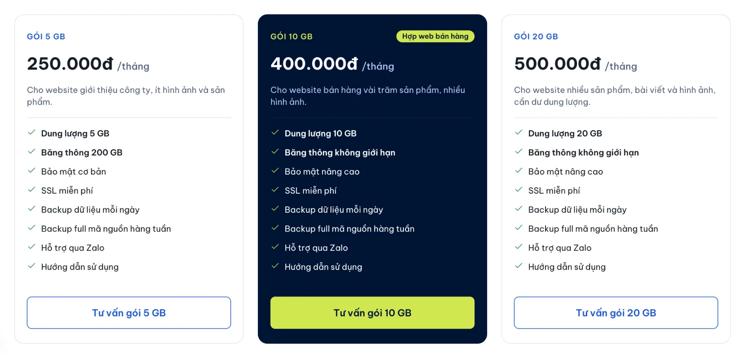 Ba gói hosting có quản trị 5 GB, 10 GB, 20 GB trên trang dịch vụ hosting của 123Website