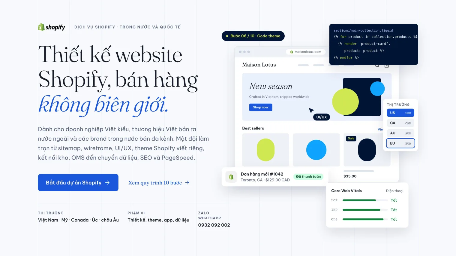 Trang dịch vụ thiết kế website Shopify của 123Website có kết nối kho và OMS
