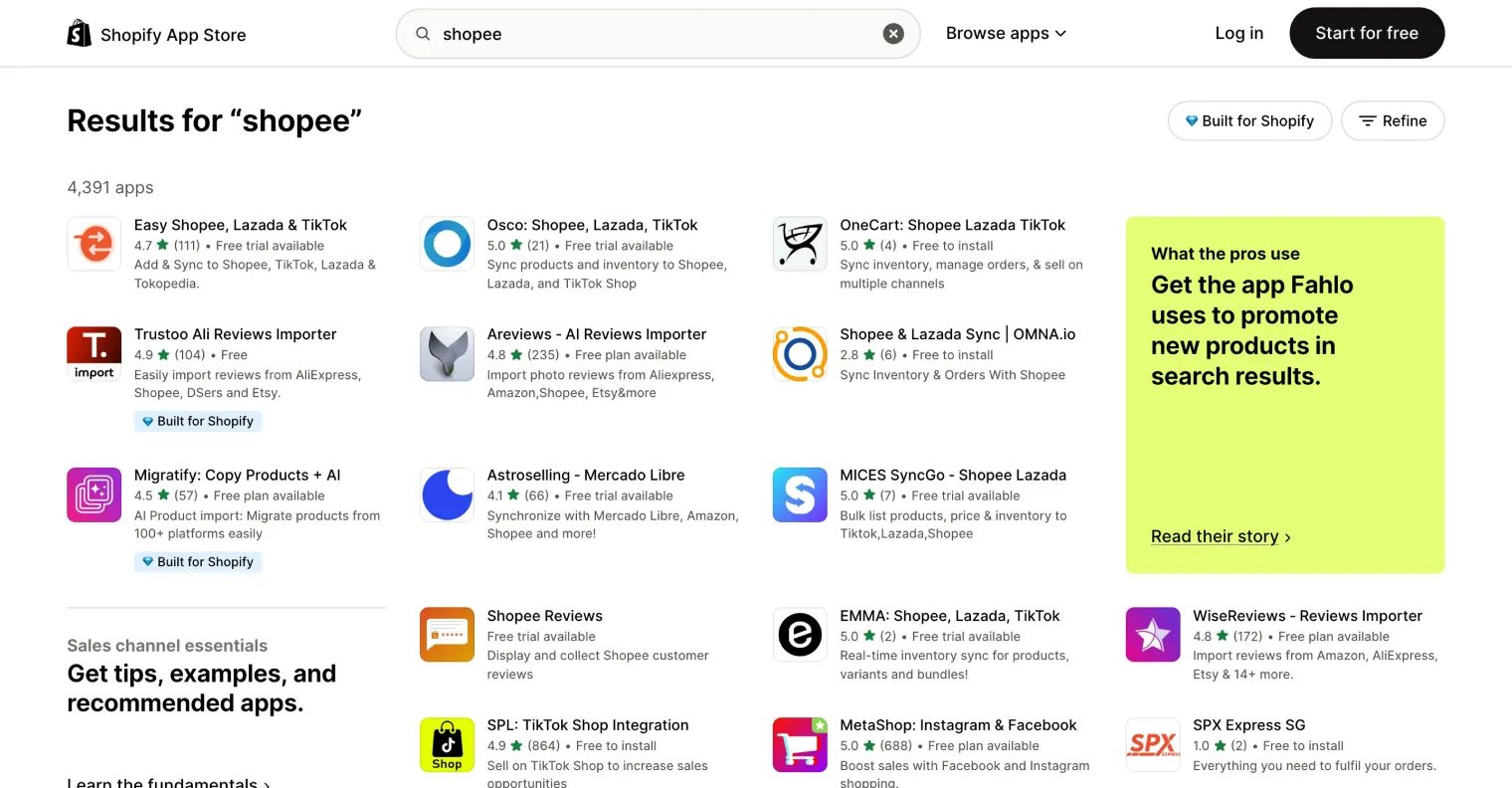 Shopify App Store results for marketplace connector apps for Shopee, Lazada and TikTok Shop