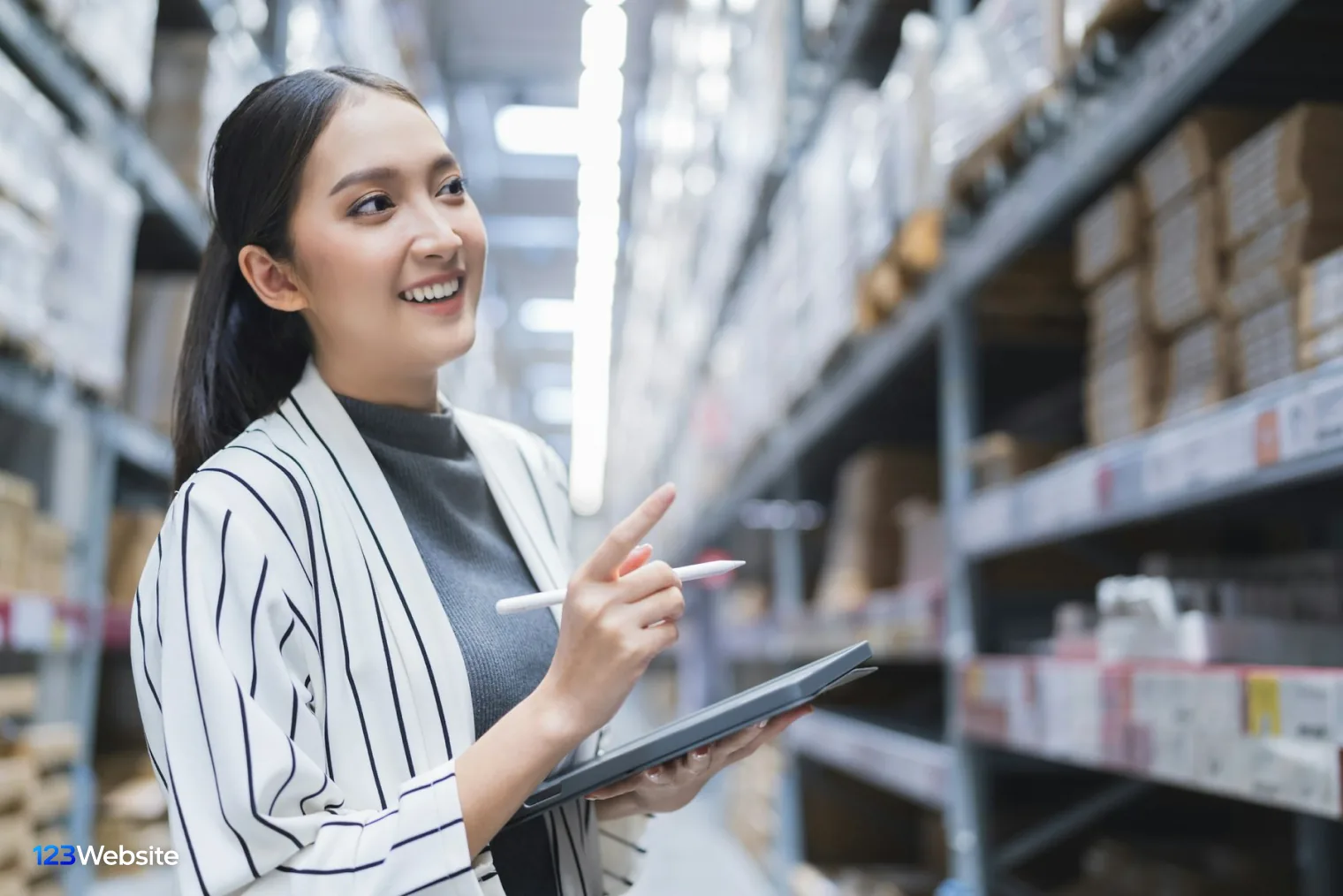 Shop manager checking stock on a tablet in a warehouse aisle