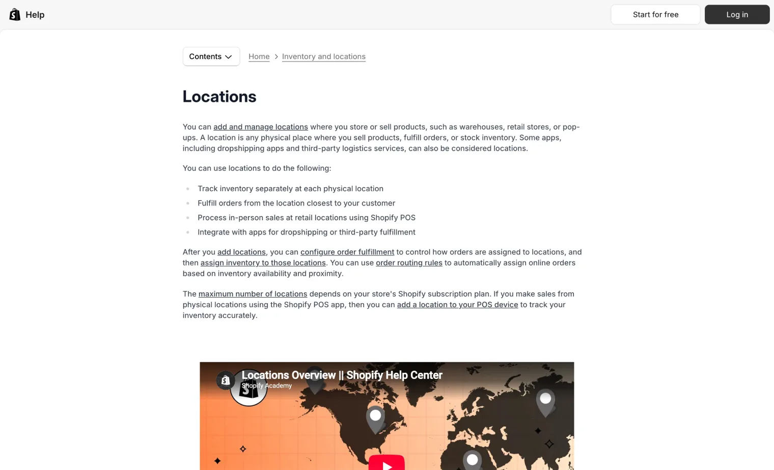Shopify help page about locations for managing inventory
