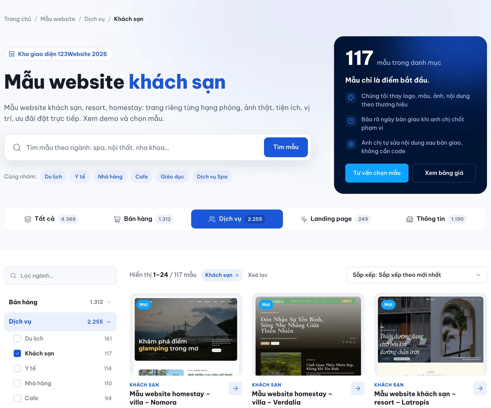 Danh mục mẫu website khách sạn trên kho giao diện 123Website, lọc theo ngành Khách sạn