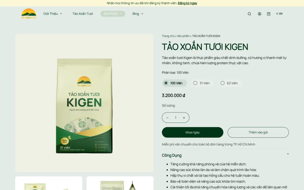 Website Kigen Tảo Xoắn - Trang sản phẩm