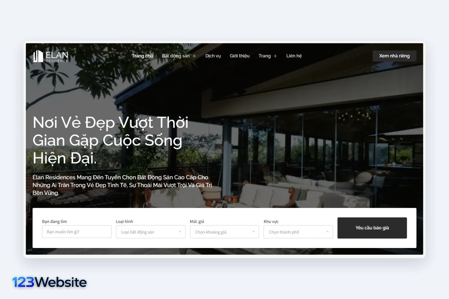 Màn hình đầu mẫu landing page bất động sản Elan của 123Website với ô chọn nhu cầu và nút Yêu cầu báo giá