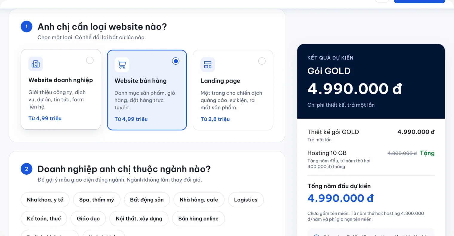 Công cụ tính chi phí website của 123Website có lựa chọn landing page