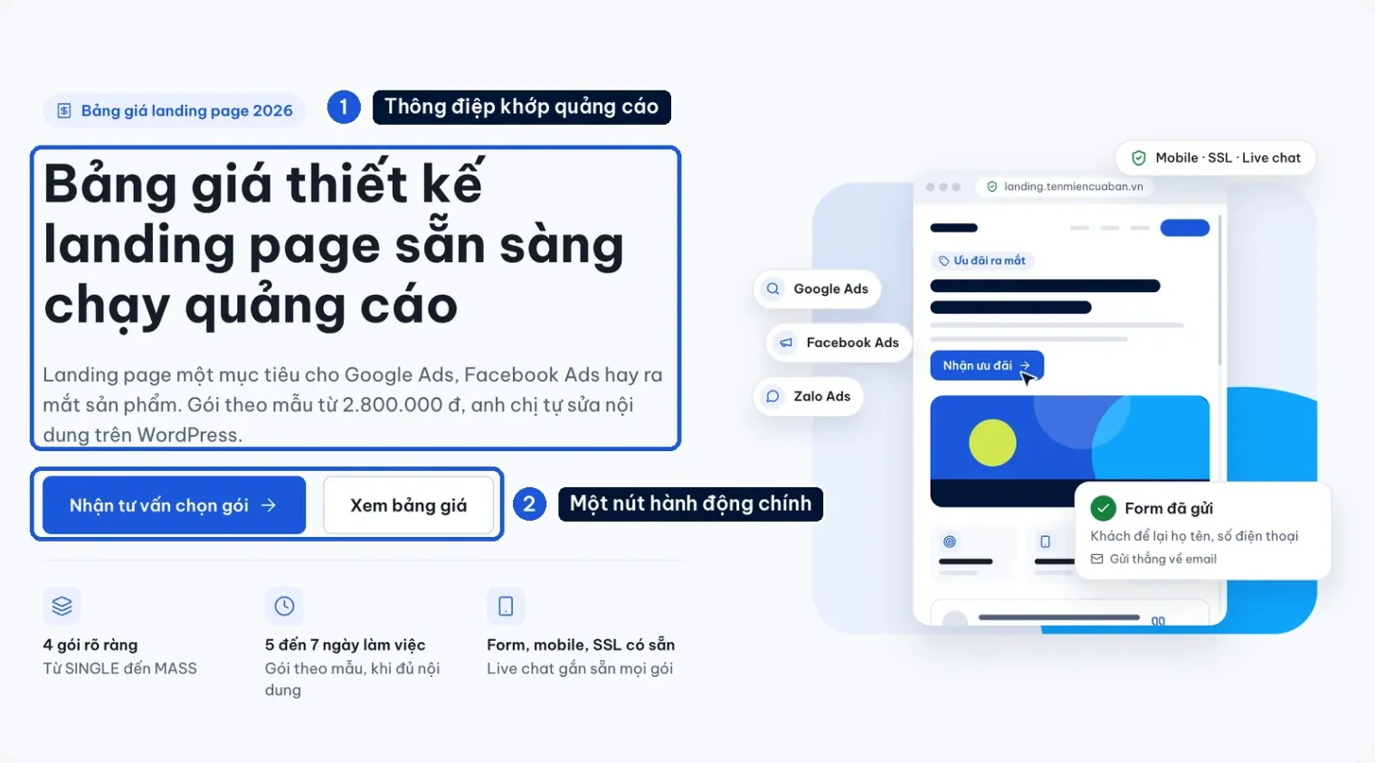 Màn hình đầu trang bảng giá landing page của 123Website với thông điệp và nút hành động chính