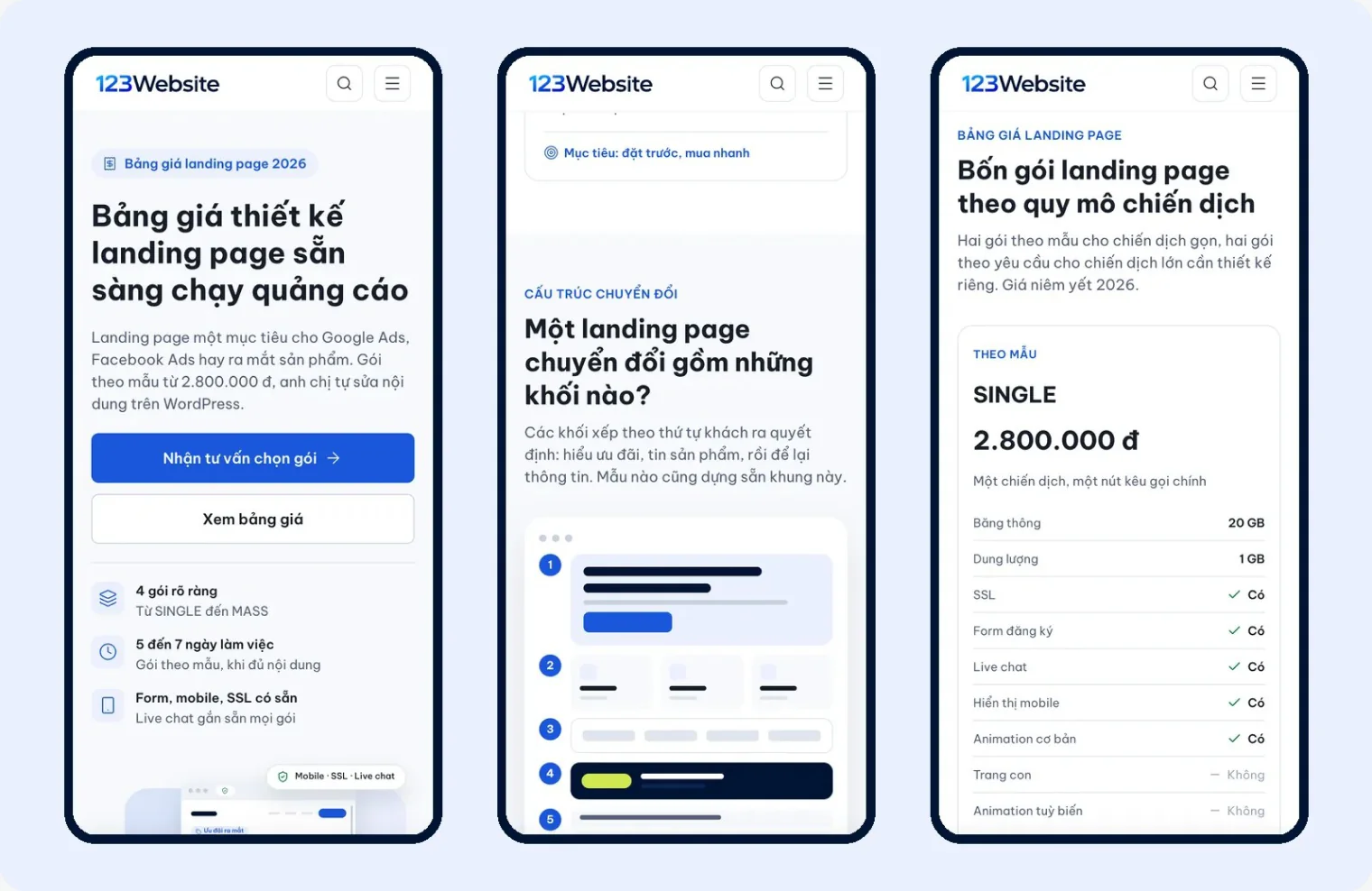 Landing page bảng giá của 123Website hiển thị trên điện thoại qua ba màn hình