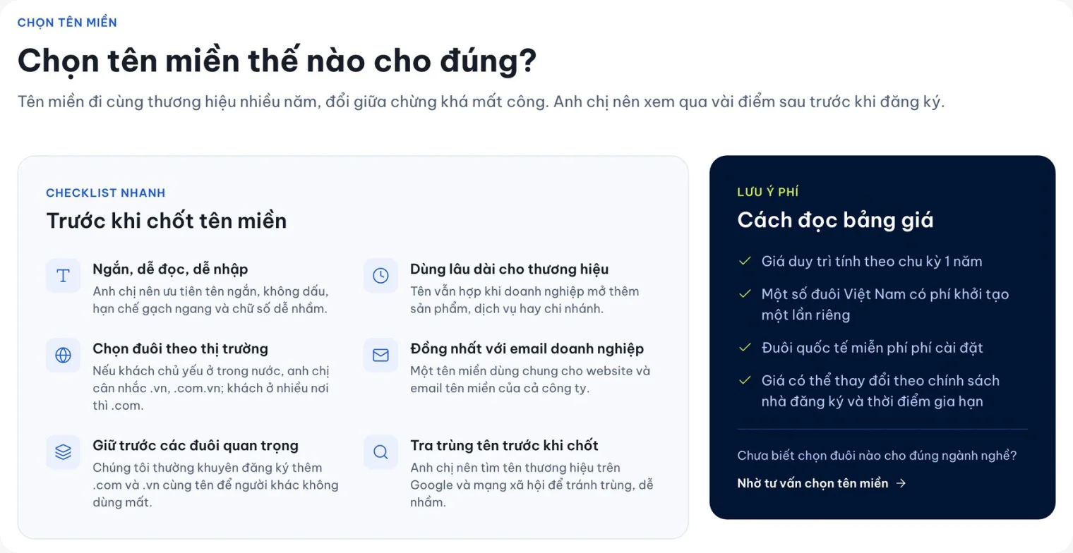 Checklist chọn tên miền trên trang đăng ký tên miền của 123Website