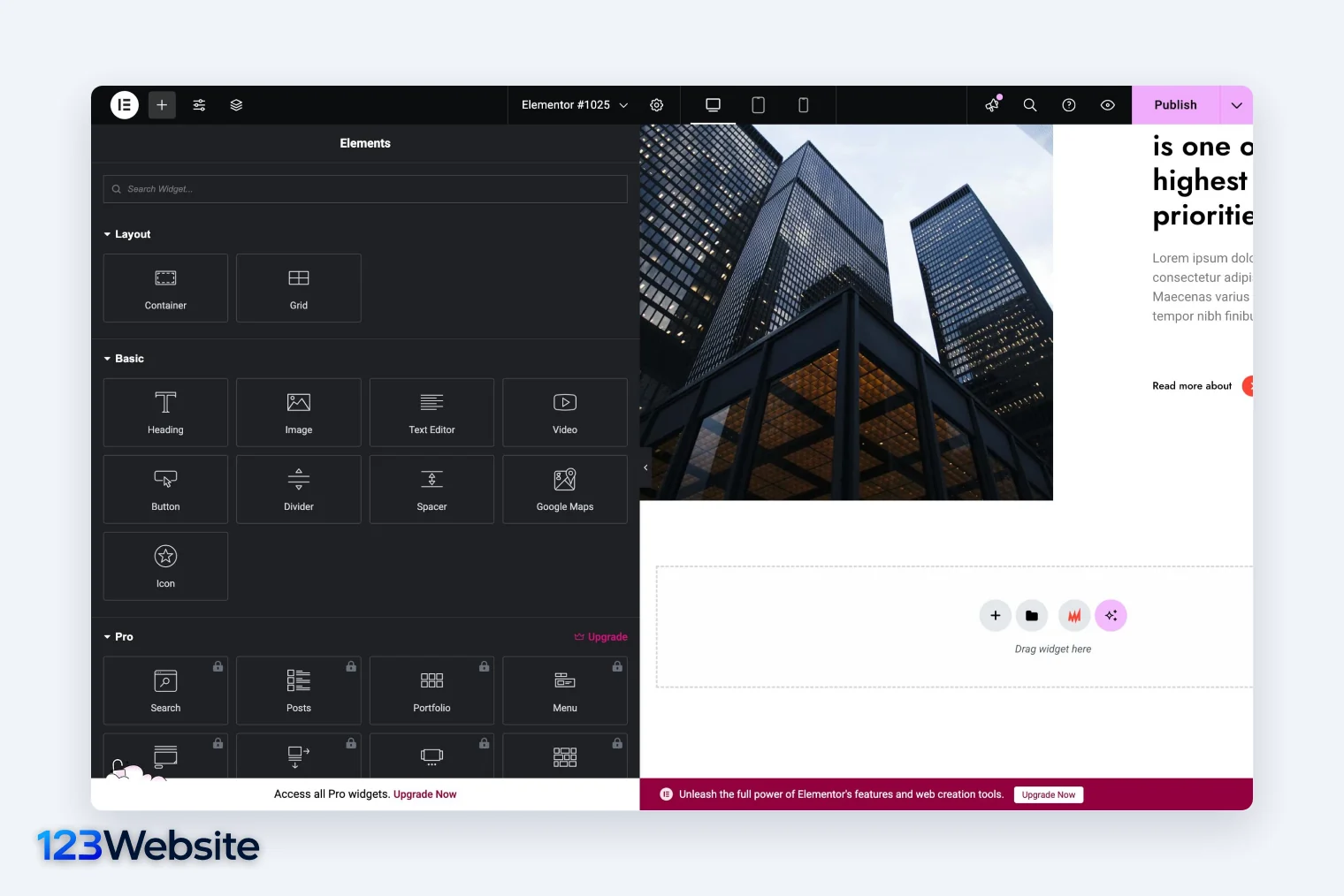 Giao diện trình kéo thả Elementor trên WordPress với bảng khối Heading, Image, Button khi dựng landing page