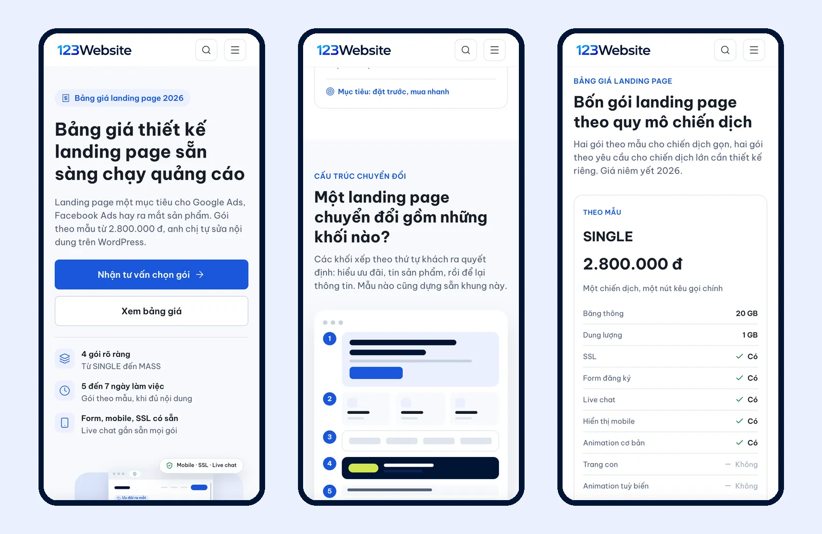 Trang bảng giá landing page 123Website xem trên điện thoại: đầu trang, khối cấu trúc, gói SINGLE