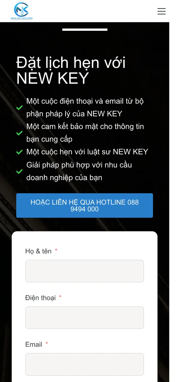 Website Công ty Luật TNHH New Key - CN Khánh Hòa - Đặt lịch trên điện thoại