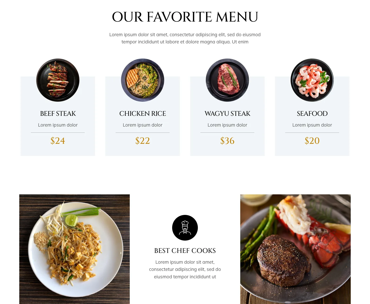 Mẫu website nhà hàng Tasteio dùng ảnh món ăn minh hoạ trong bản demo