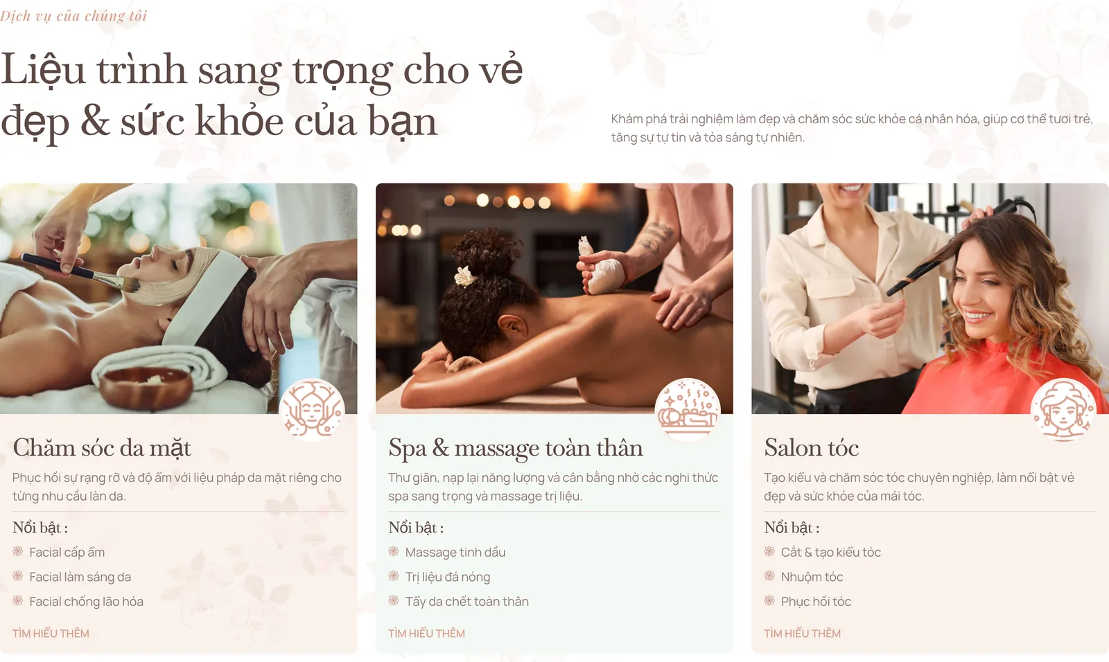 Menu dịch vụ chia nhóm da mặt, massage, tóc trên mẫu website spa Glowelle