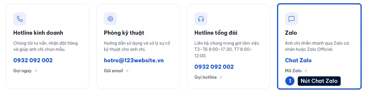Thẻ liên hệ có nút Chat Zalo trên trang liên hệ 123Website