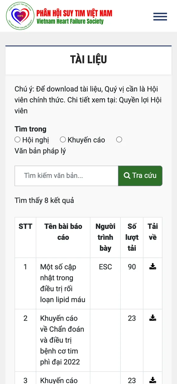 Website Phân hội Suy tim Việt Nam - Tài liệu trên điện thoại