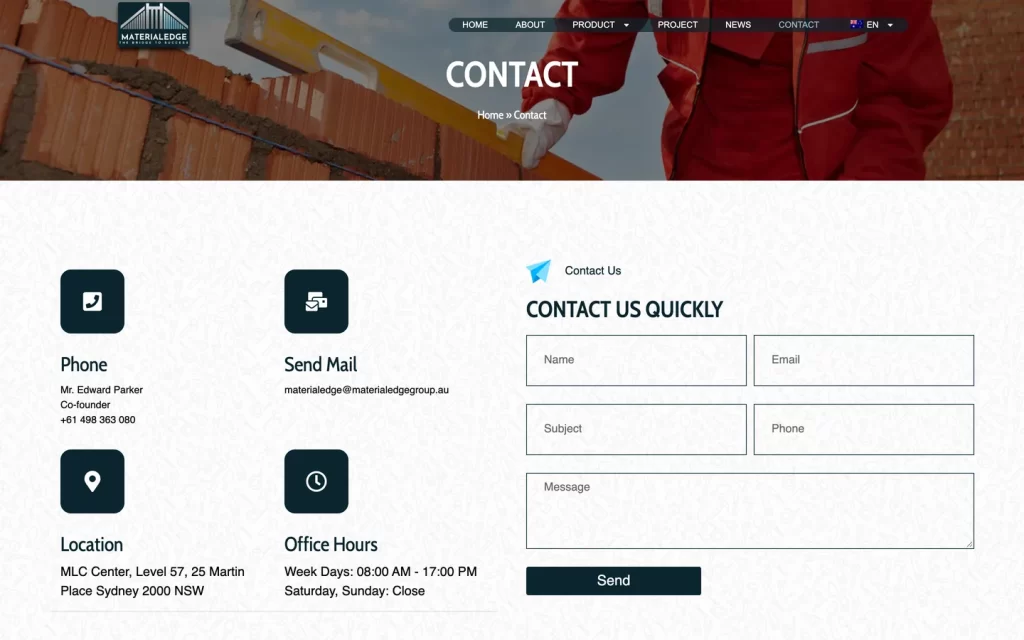 Website MaterialEdge Group - Liên hệ