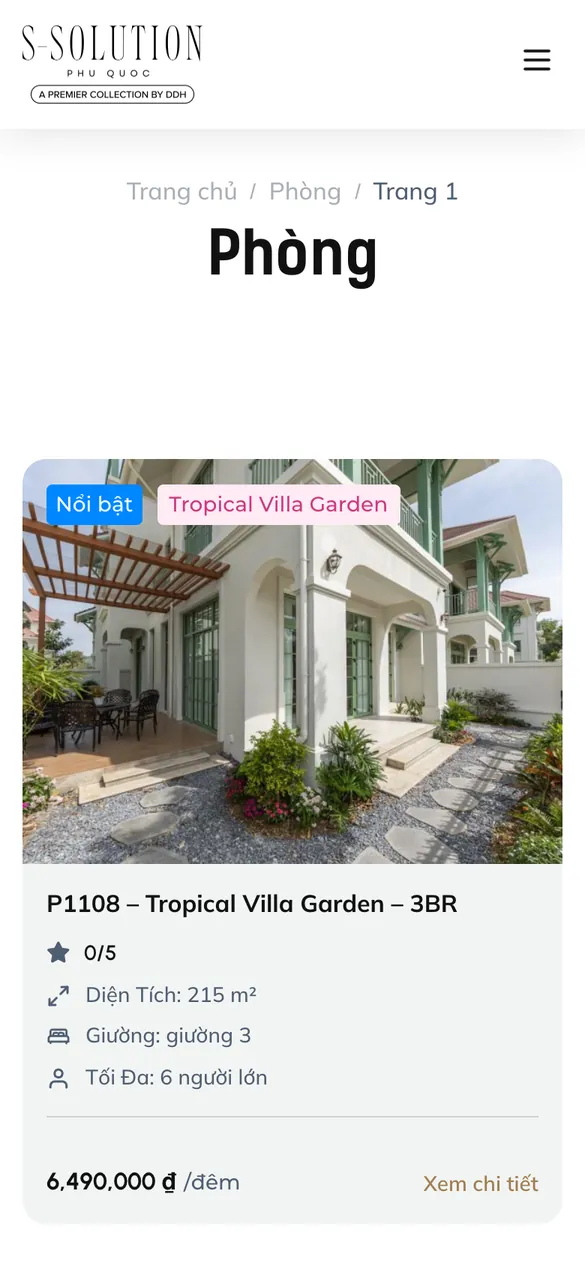 Website S-Solution Phú Quốc - Danh sách villa trên điện thoại