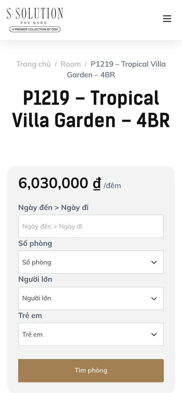 Website S-Solution Phú Quốc - Đặt phòng trên điện thoại