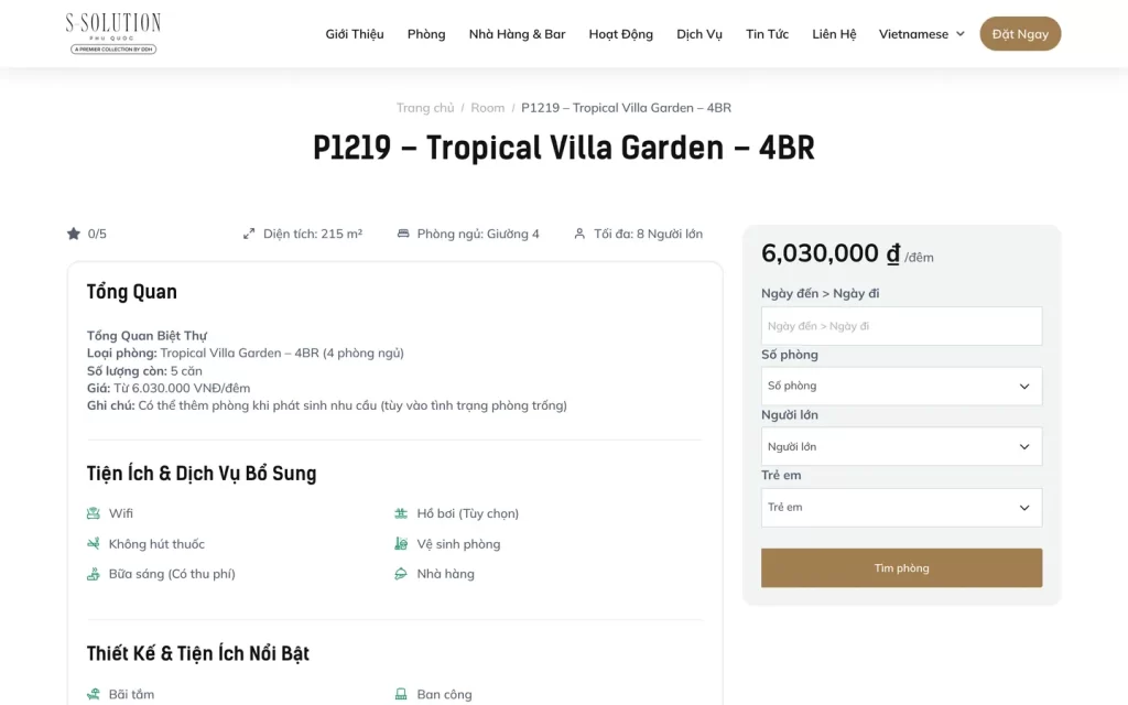 Website S-Solution Phú Quốc - Trang villa và đặt phòng