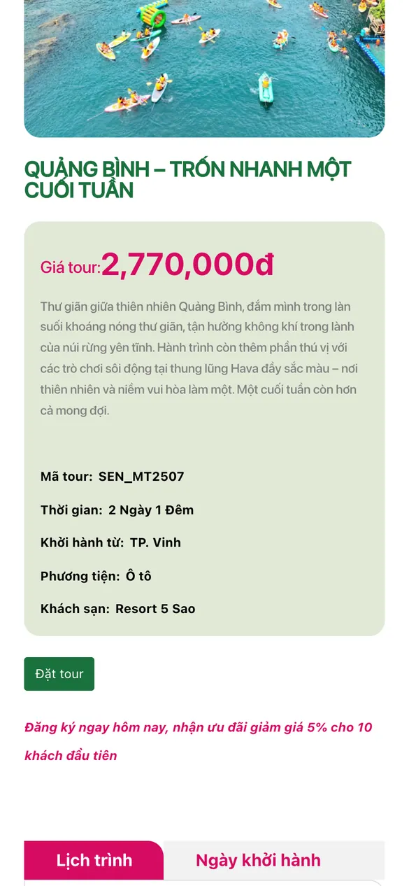 Website Sen Travel - Tour trên điện thoại