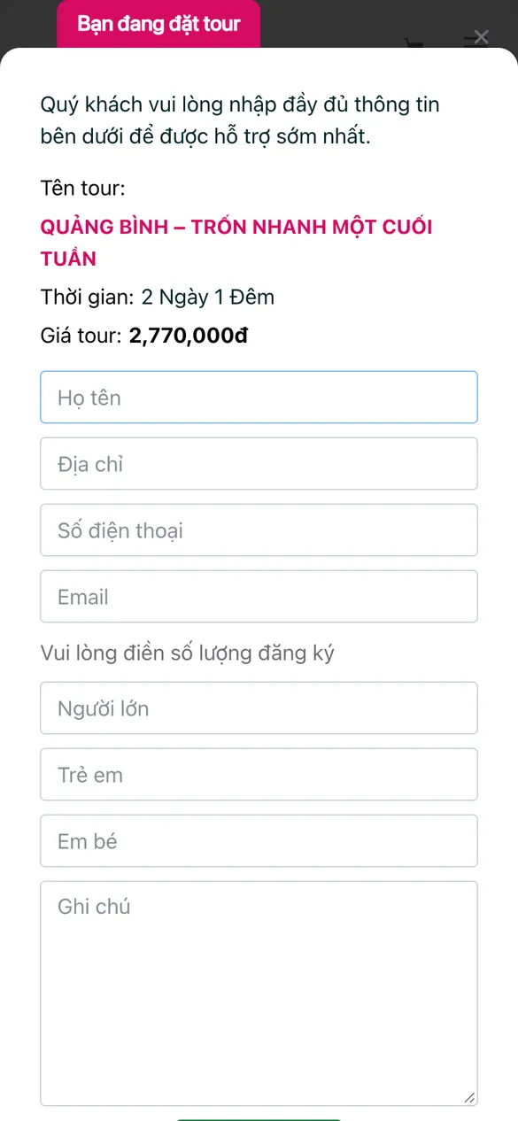 Website Sen Travel - Đặt tour trên điện thoại