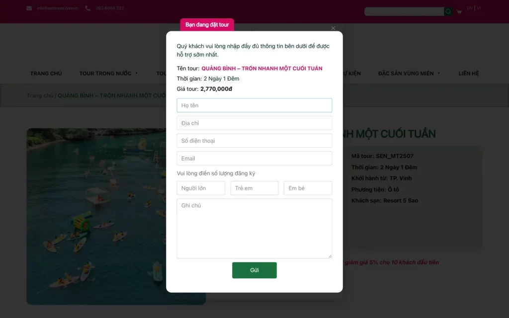 Website Sen Travel - Form đặt tour