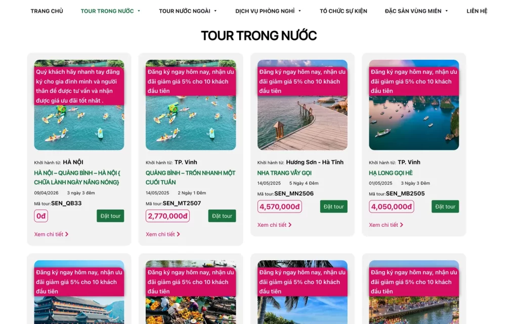 Website Sen Travel - Danh mục tour