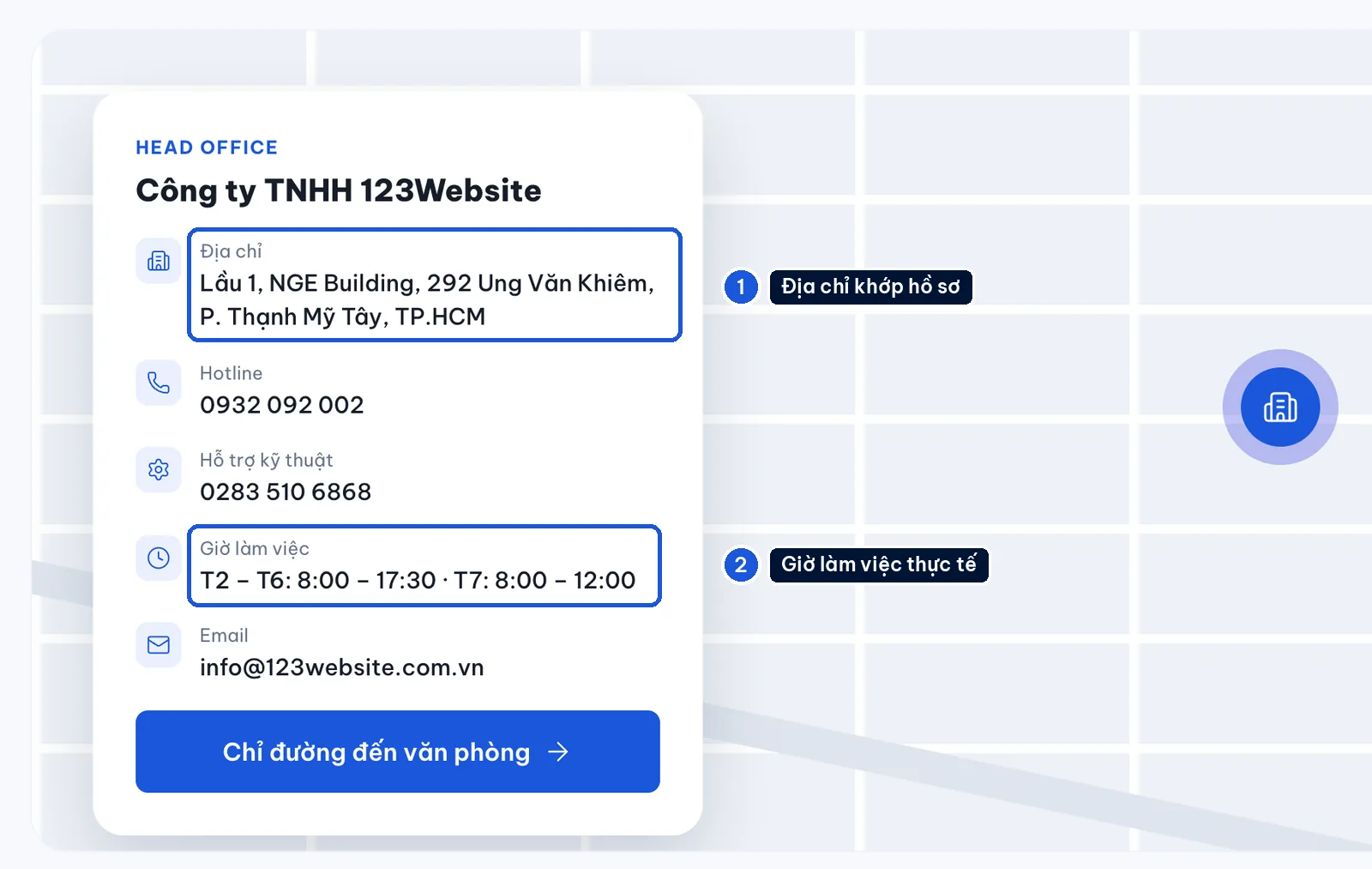 Address, phone numbers, and opening hours on the 123Website contact page