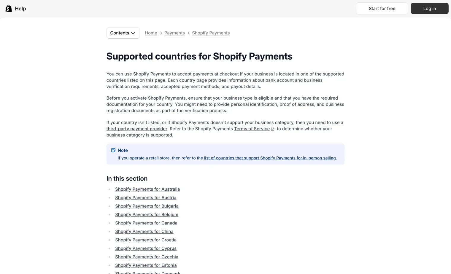 Shopify help page listing the countries that support Shopify Payments