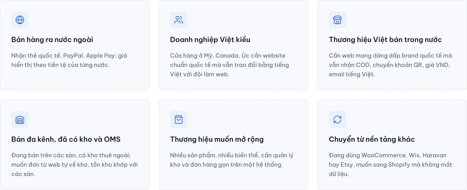 Trang thiết kế website Shopify của 123Website với thẻ thương hiệu Việt bán trong nước
