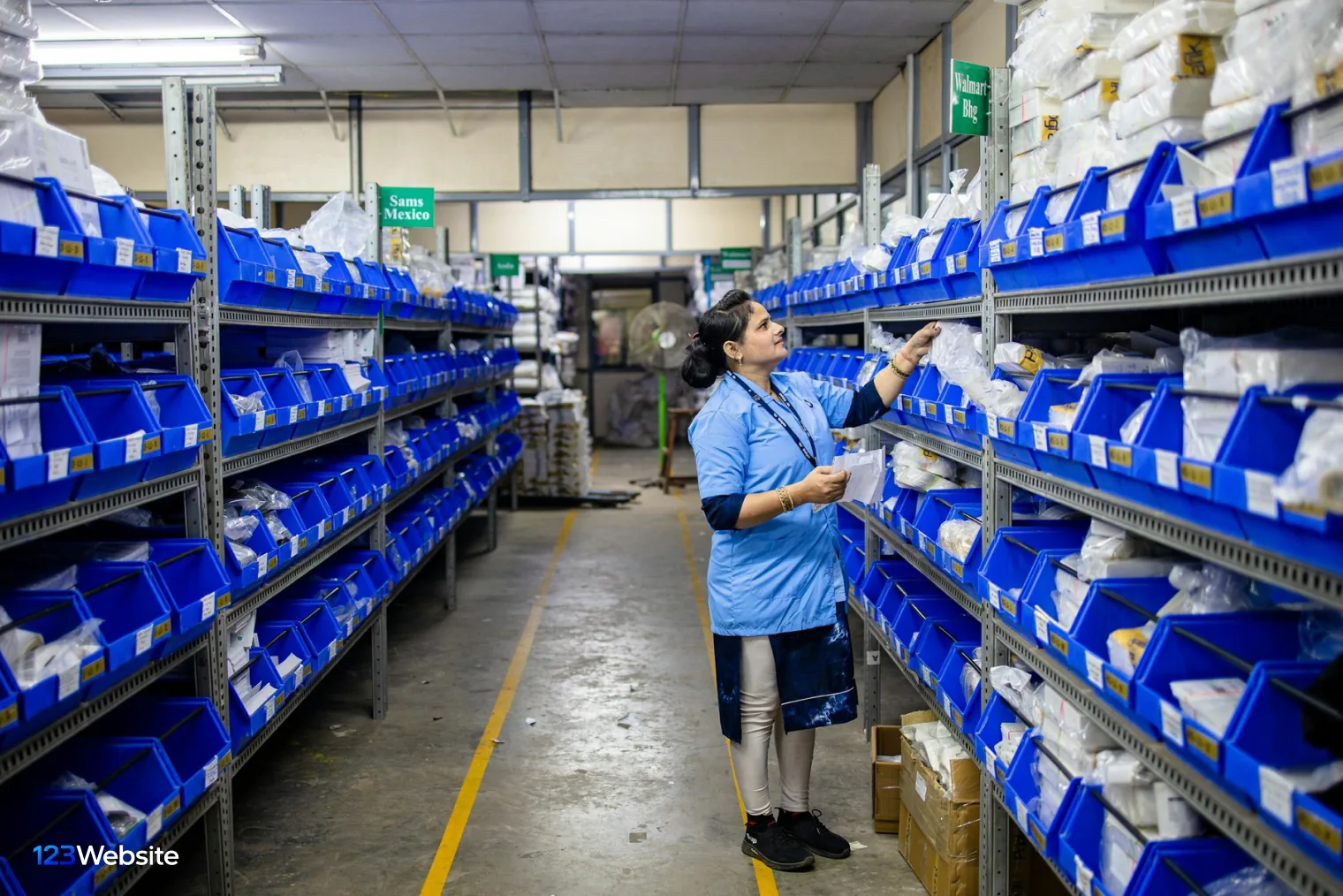Fulfilment warehouse staff picking Shopify orders from labelled shelves