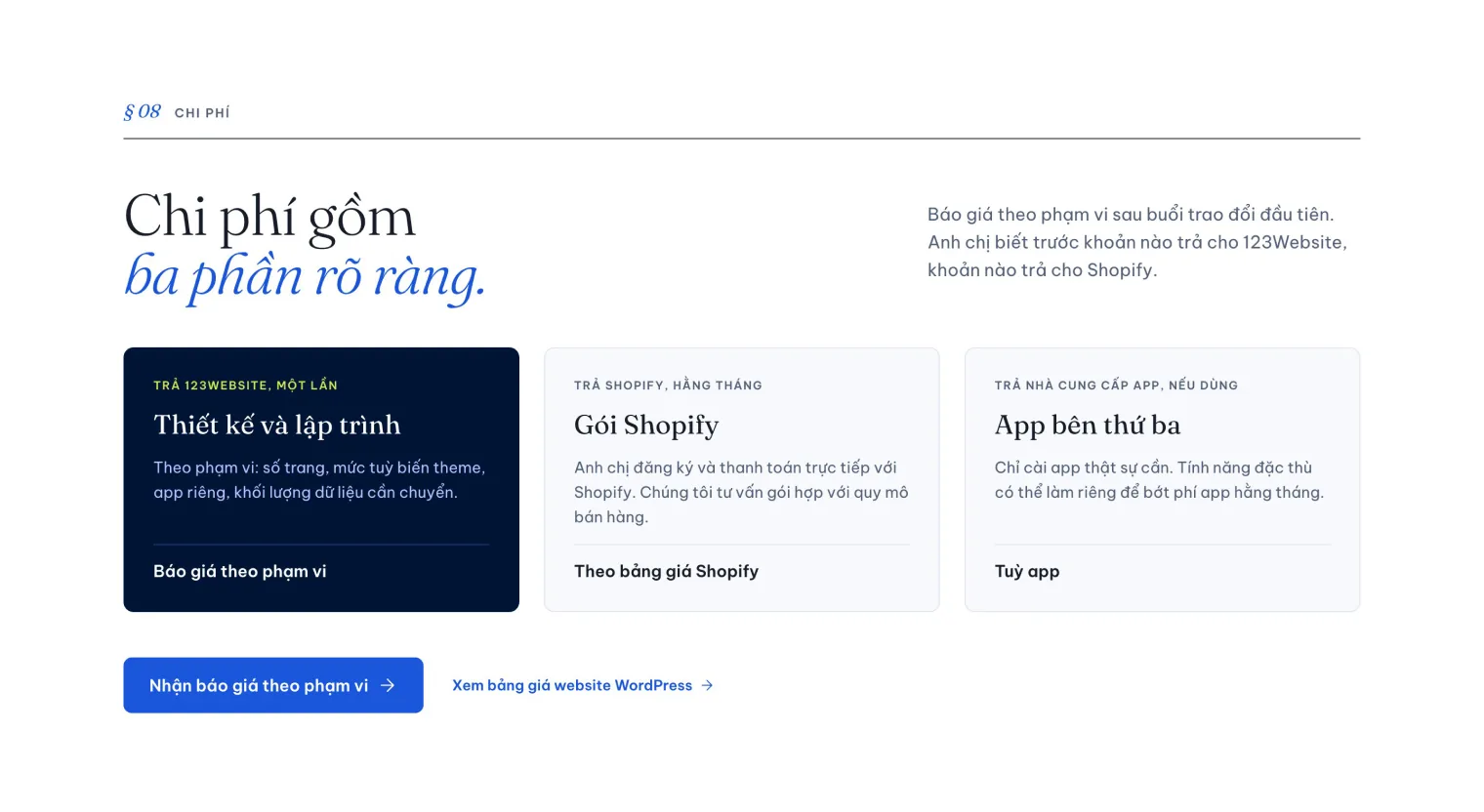 Phần chi phí gồm ba phần trên trang thiết kế website Shopify của 123Website