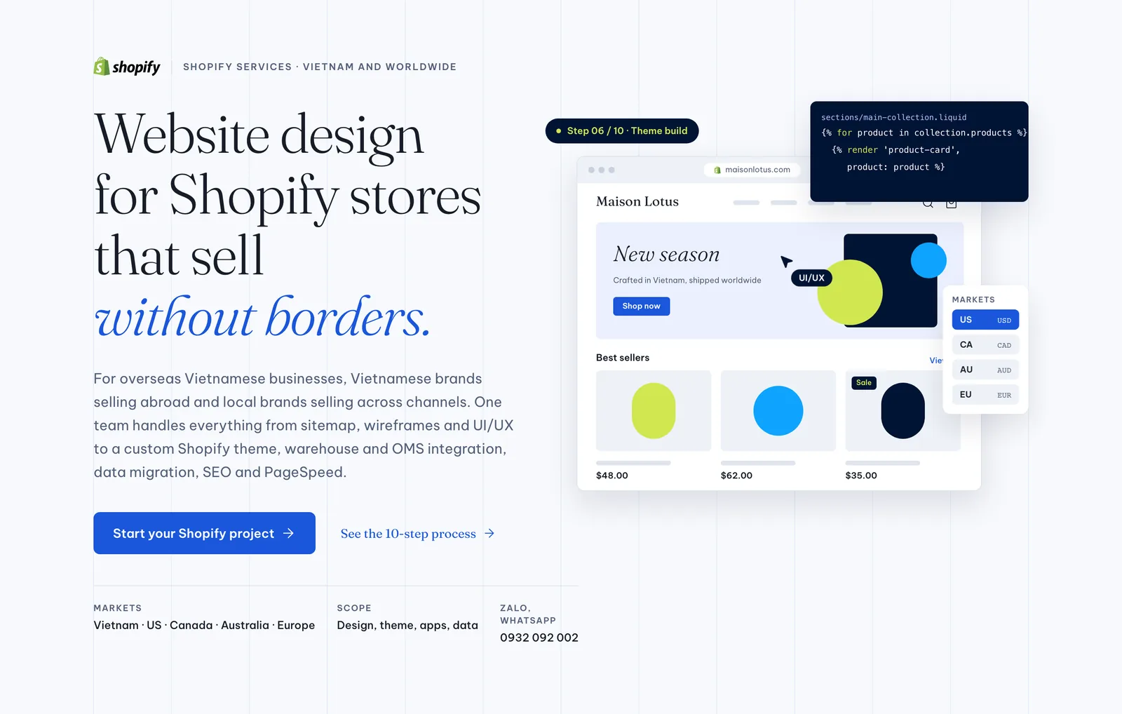 123Website Shopify website design page for local and international sales