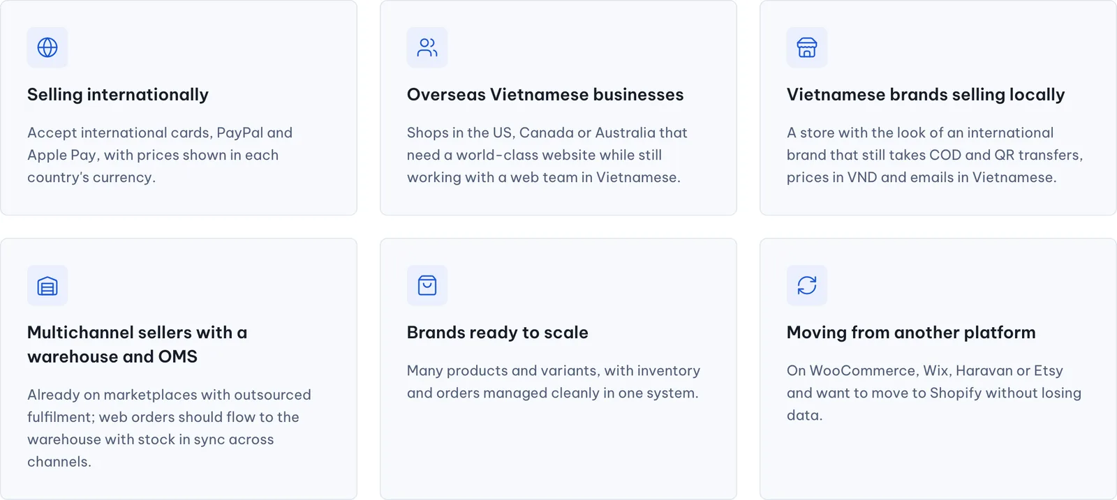 123Website Shopify page section showing Vietnamese brands selling locally