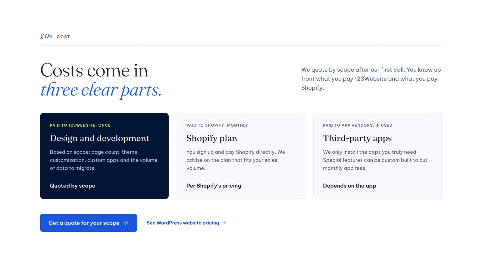 Three-part cost section on the 123Website Shopify website design page