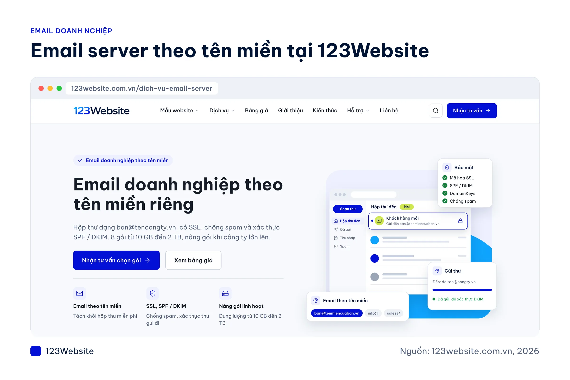 Ảnh chụp trang dịch vụ email doanh nghiệp theo tên miền của 123Website