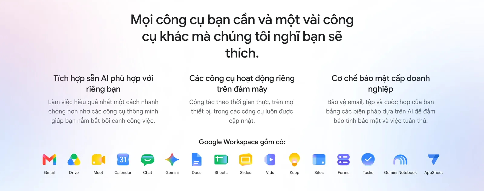 Trang giới thiệu Google Workspace liệt kê Gmail, Drive, Meet, Docs và Sheets