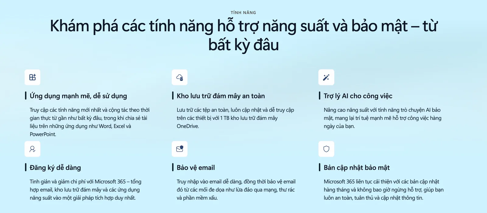 Trang Microsoft 365 cho doanh nghiệp giới thiệu Word, Excel, OneDrive và bảo vệ email
