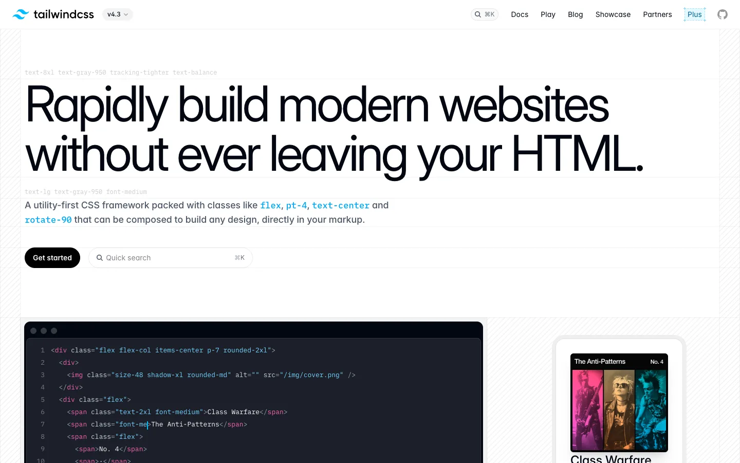 Trang chủ Tailwind CSS với đoạn mã HTML dùng các class tiện ích