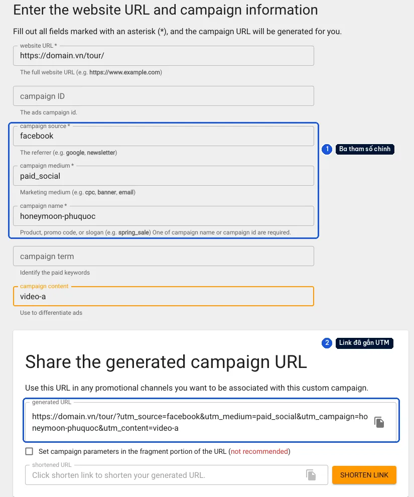 Công cụ Campaign URL Builder của Google điền utm_source, utm_medium, utm_campaign và link UTM tạo ra