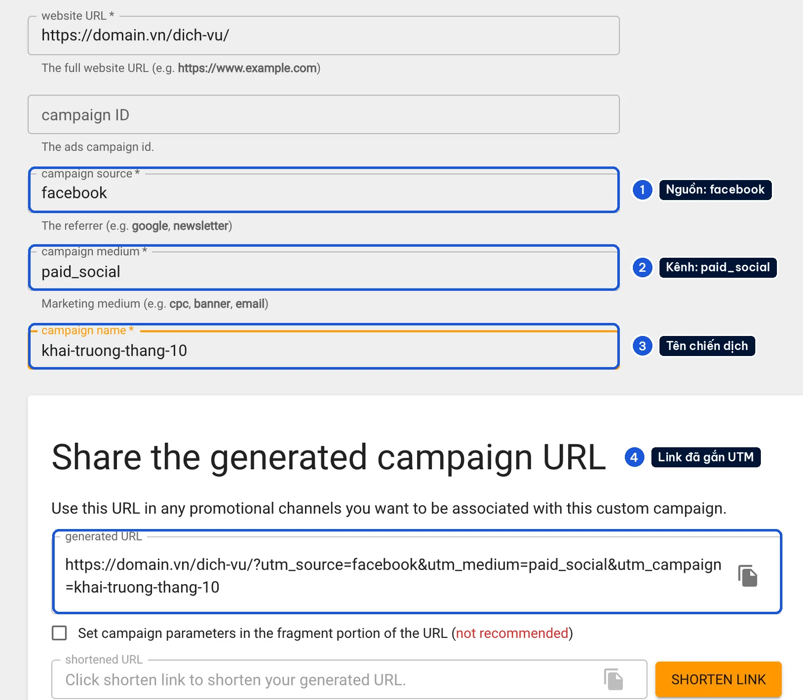 Tạo link gắn UTM bằng Campaign URL Builder với nguồn facebook, kênh paid_social và tên chiến dịch