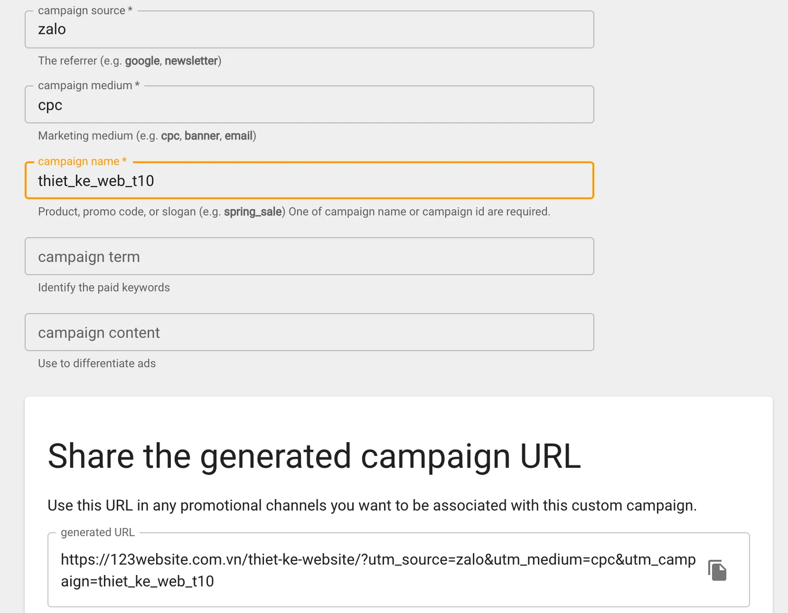 Tạo link UTM cho quảng cáo Zalo bằng công cụ Campaign URL Builder của Google