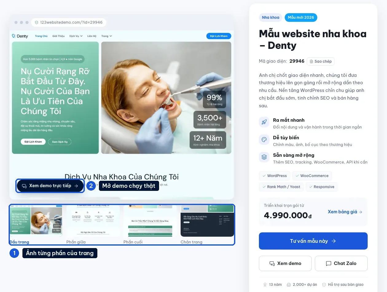 Trang mẫu website nha khoa Denty có ảnh từng phần và nút Xem demo