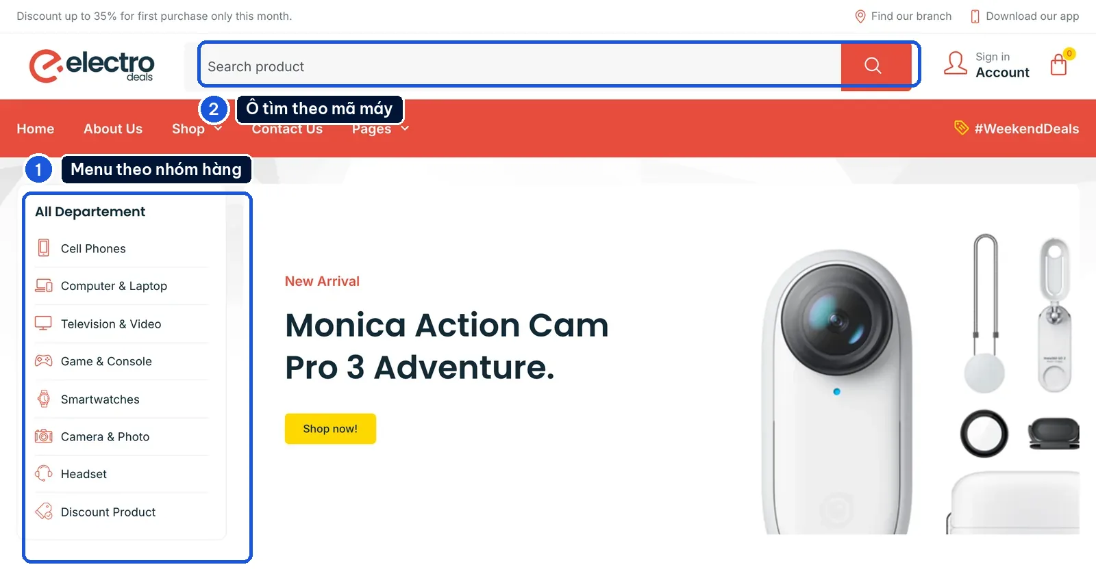 Menu danh mục nhóm hàng trên mẫu website điện máy Electrodeals