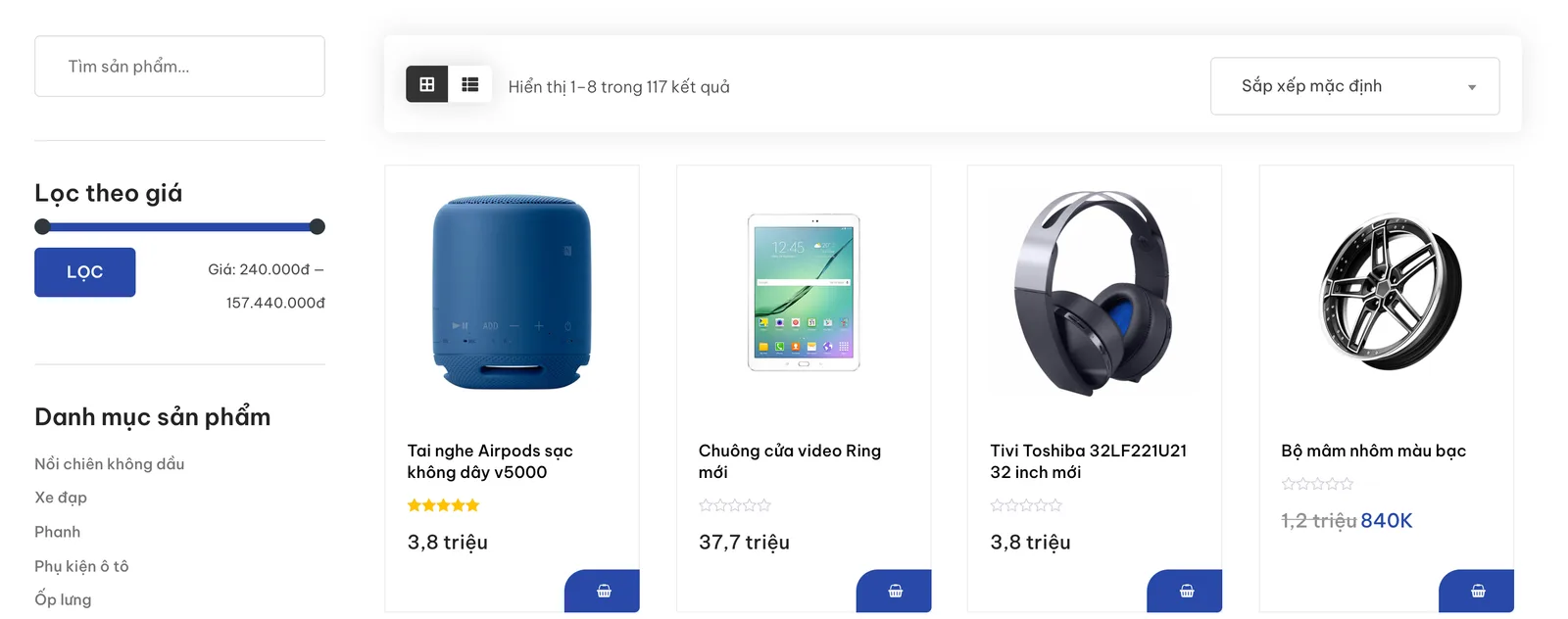 Trang cửa hàng có bộ lọc theo giá và danh mục sản phẩm trên mẫu website điện máy Ebbe