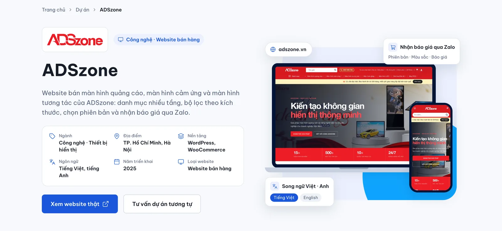 Trang dự án website ADSzone bán màn hình quảng cáo do 123Website thực hiện